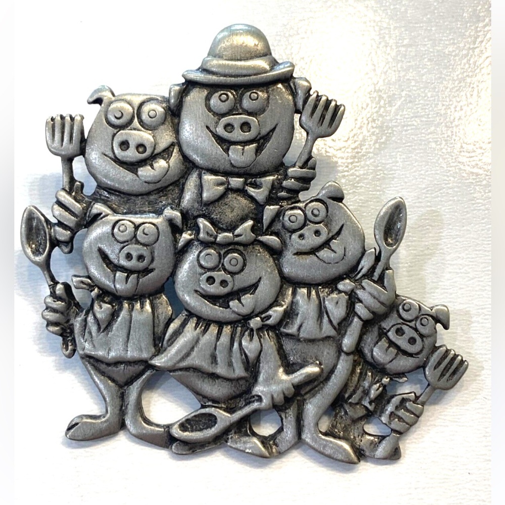 🐷 Vintage JJ Jonette Pig Family Pewter Brooch